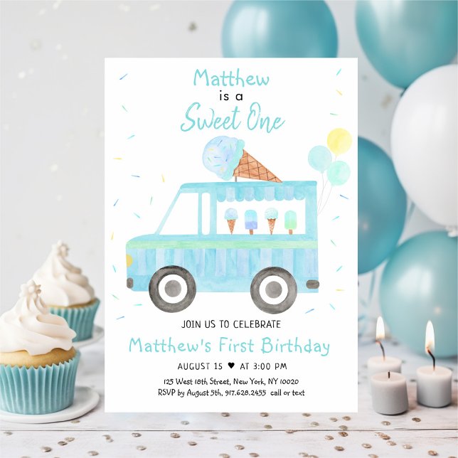 Boy Blue Ice Cream Truck Sweet One Birthday Einladung (Von Creator hochgeladen)