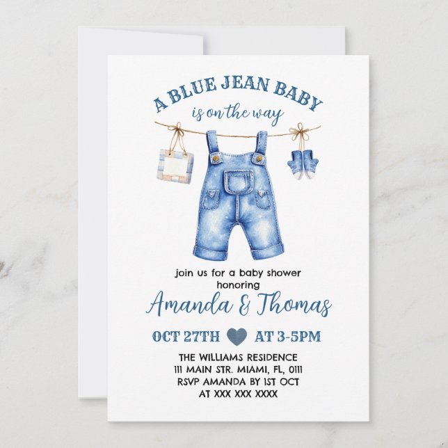 Boy Blue Jean Baby Shower Einladung (Vorderseite)