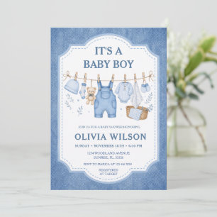 Boy Blue Jean Wäscheleine Baby Shower  Einladung