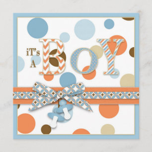 BOY Blue Orange Braun Dots Babydusche Einladung
