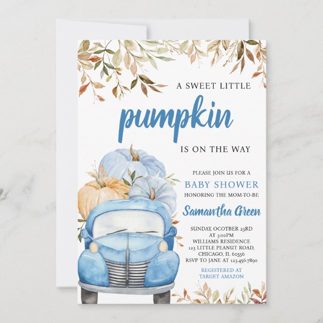 Boy Blue Pumpkin Truck Baby Dusche Einladung (Vorderseite)