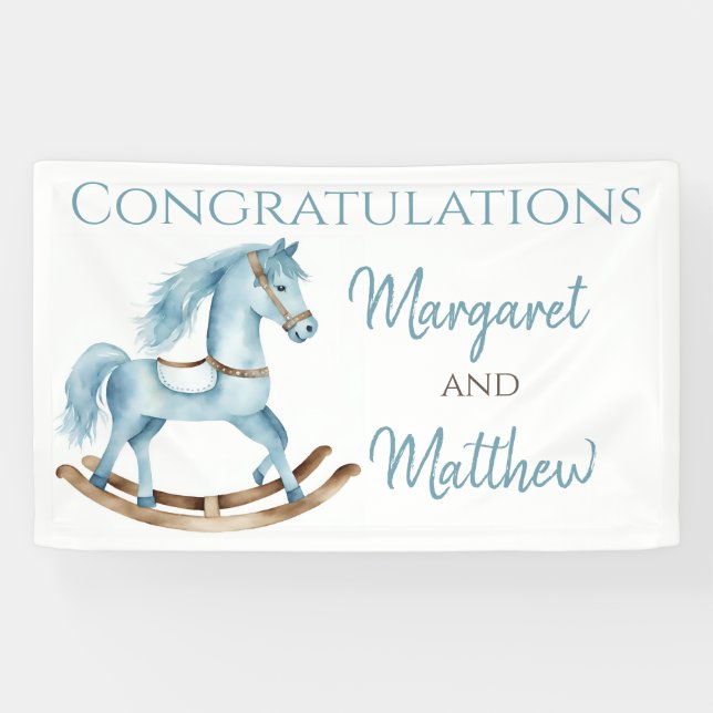 Boy Blue Rocking Horse Baby shower Party Bannière (Horizontal)