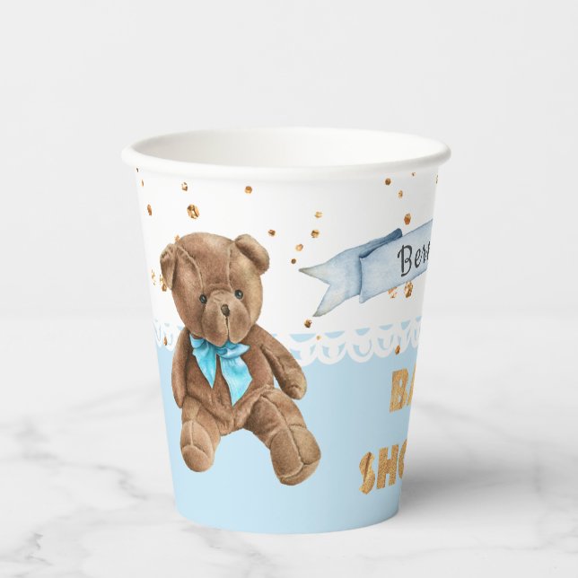 Boy Blue Teddy Bear Baby Shooting Paper Cups Pappbecher (Vorderseite)