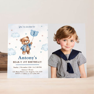 Boy Blue Teddy Bear Balloons Erstes Geburtstags-Fo Einladung