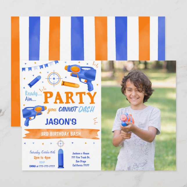 Boy Blue und Orange Dart Gun Foto Einladung (Vorne/Hinten)