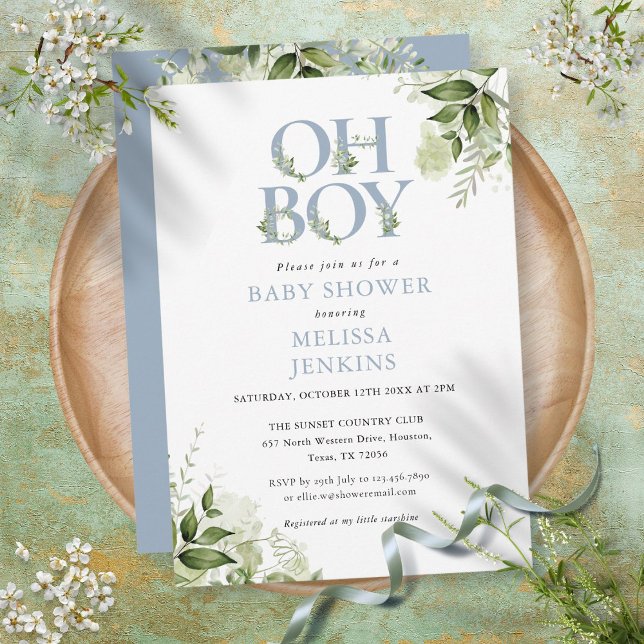Boy Botanical Greenery Dusty Blue Baby Dusche Einladung (Von Creator hochgeladen)