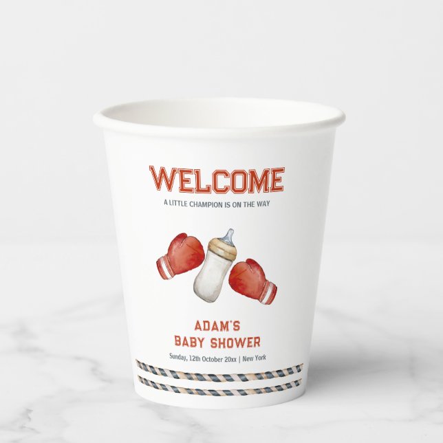 Boy Boxing Little Champion Baby Shower Welcome Pappbecher (Vorderseite)