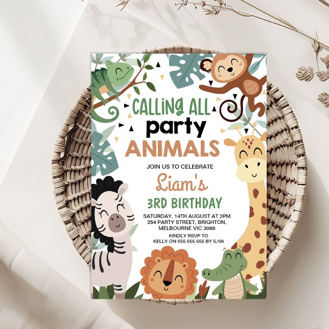 Boy Brown Green ruft alle Party Tiere zum Geburtst Einladung (Calling All Party Animals  Birthday Invitation Template Boy, Safari Birthday Invitation, Jungle )