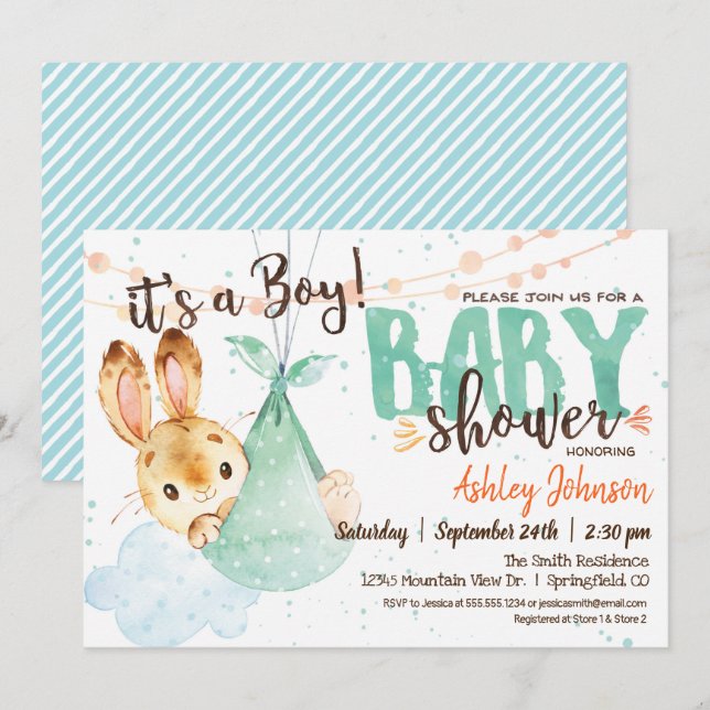 Boy Bunny Baby Shower Einladung (Vorne/Hinten)