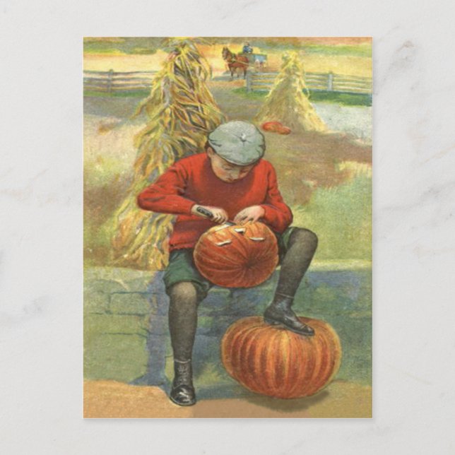 Boy Carving Kürbislaterne Pumpkin Postkarte (Vorderseite)
