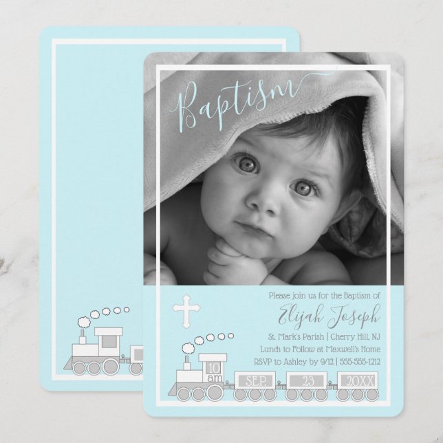 Boy Choo Choo Christening Taufe Foto Einladung (Vorne/Hinten)
