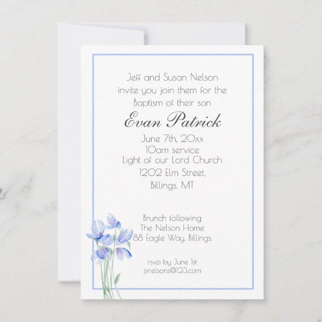 Boy Christening Taufe Blue Wildblume Ankündigung (Vorderseite)