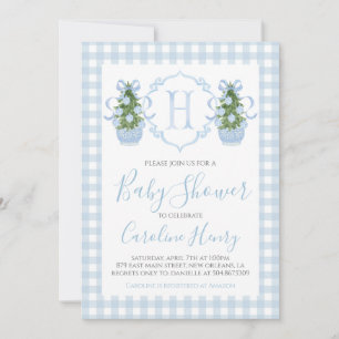 Boy Christmas Baby Shower Preppy Gingham Blue Einladung