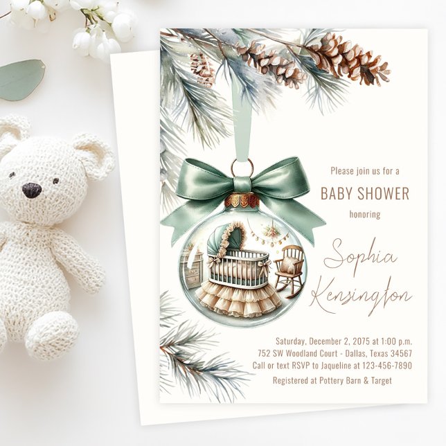 Boy Christmas Tree Ornament Winter Baby Shower Einladung (Boy's Christmas tree ornament baby shower invitation with glass ornament with sweet nursery  scene.)
