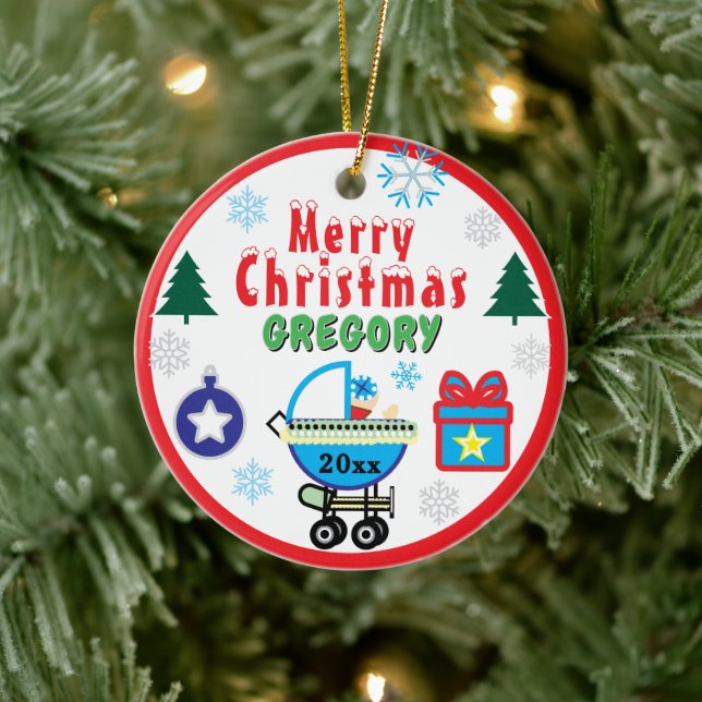 Boy Christmas Trees NAME Blue Carriage Keramik Ornament (Baum)