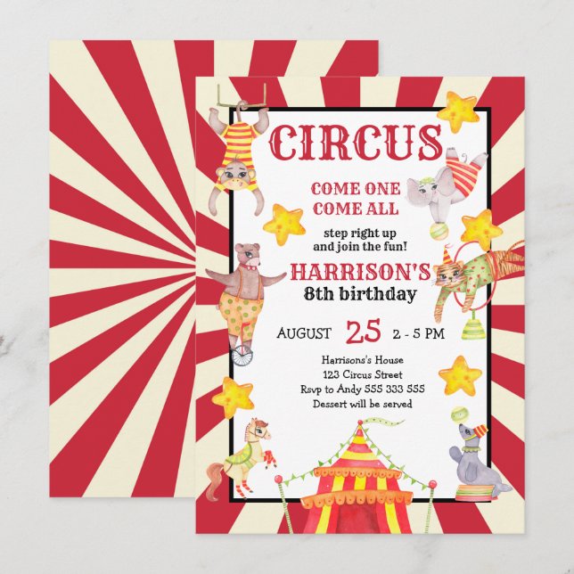 Boy Circus Party Geburtstag Karneval Einladung (Vorne/Hinten)