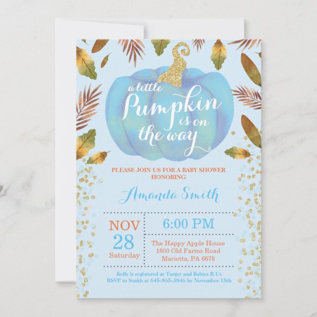 Boy Citrouille Automne Baby shower Invitation Or (Devant)