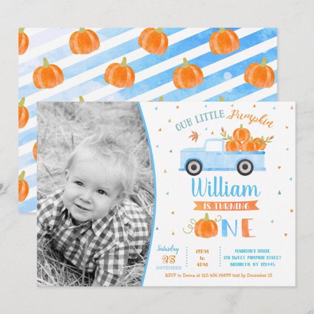 Boy Citrouille Blue Truck Invitations d'anniversai (Devant / Derrière)