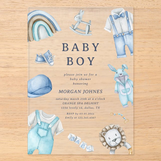 Boy Clothes Kinderzimmer Babydusche Acryleinladungen (Vorderseite)