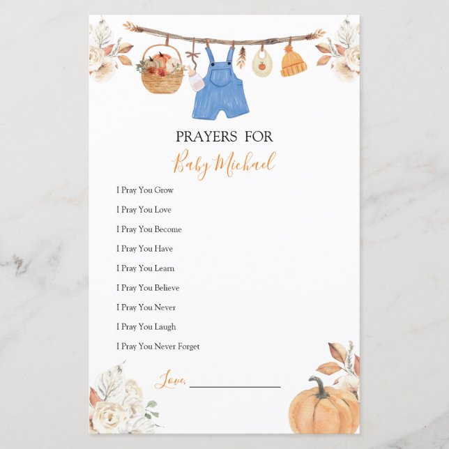 Boy Clothes Pumpkin Baby Dusche Gebete für Baby (Vorderseite)