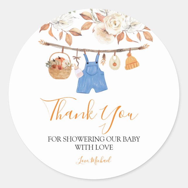 Boy Clothes Pumpkin Fall Baby Dusche Danke Runder Aufkleber (Vorderseite)