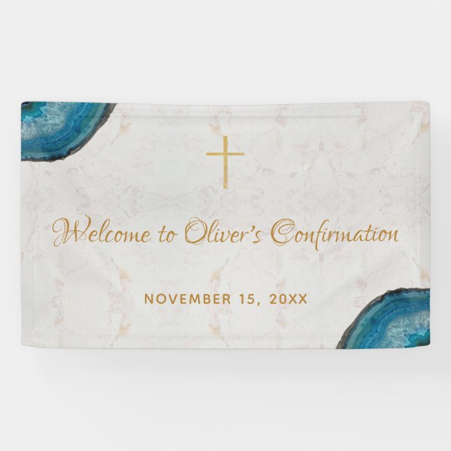 Boy Confirmation Blue Geode Script Marble Willkomm Banner (Horizontal)