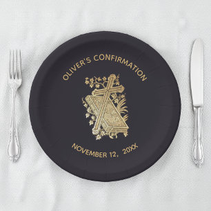 Boy Confirmation Gold Cross Bibel auf Black Vintag Pappteller