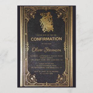Boy Confirmation Gold Cross & Book Elegant Vintag Einladung