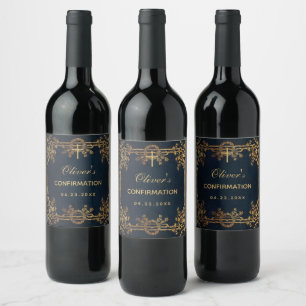 Boy Confirmation Navy Blue Vintag Gold Vines Weinetikett