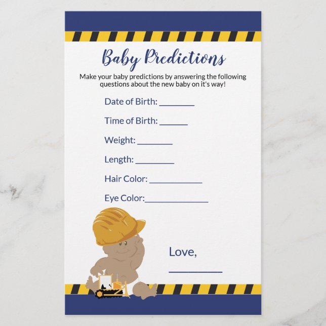 Boy Construction Baby Shower Predictions Game (Vorderseite)