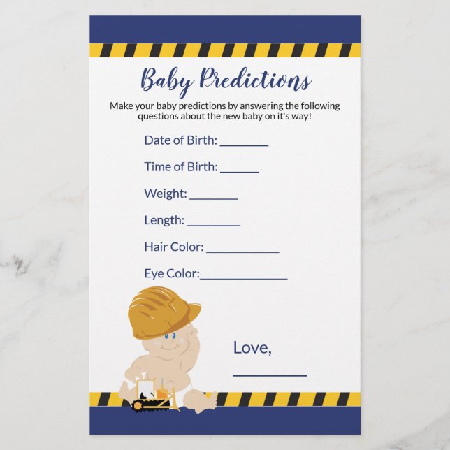 Boy Construction Baby Shower Predictions Game (Vorderseite)