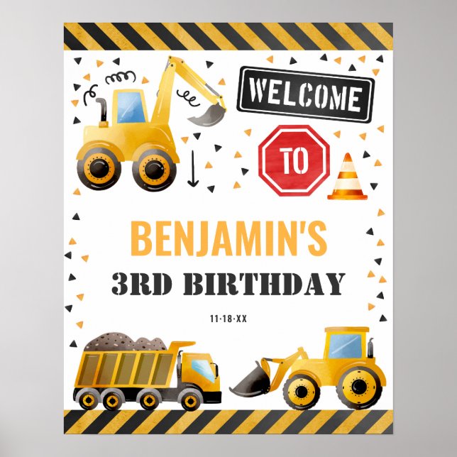 Boy Construction Birthday Party Begrüßungszeichen Poster (Vorne)