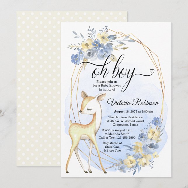 Boy Deer Oh Boy Baby Blue Beige Baby Dusche Einladung (Vorne/Hinten)