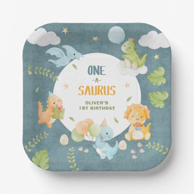 Boy Dinosaur 1st Birthday Party One-A-Saurus Pappteller (Vorderseite)
