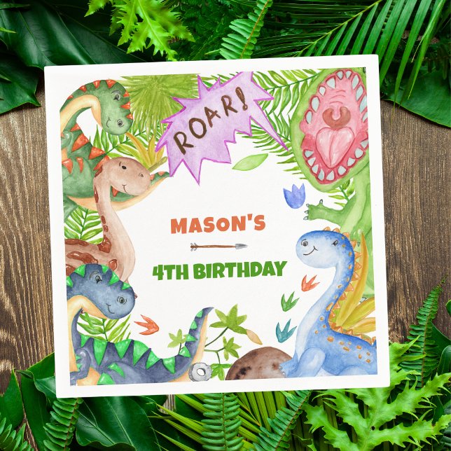 Boy Dinosaur 4th Birthday Invitation Serviette (Von Creator hochgeladen)