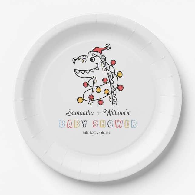 Boy Dinosaur Winter Weihnachts Coed Baby Dusche Pappteller (Vorderseite)