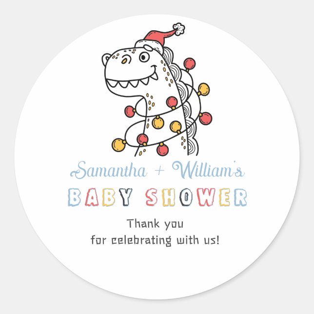 Boy Dinosaur Winter Weihnachts Coed Baby Dusche Runder Aufkleber (Vorderseite)