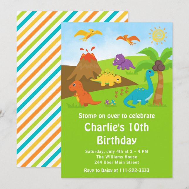 Boy Dinosaures Invitation de fête d'anniversaire (Devant / Derrière)