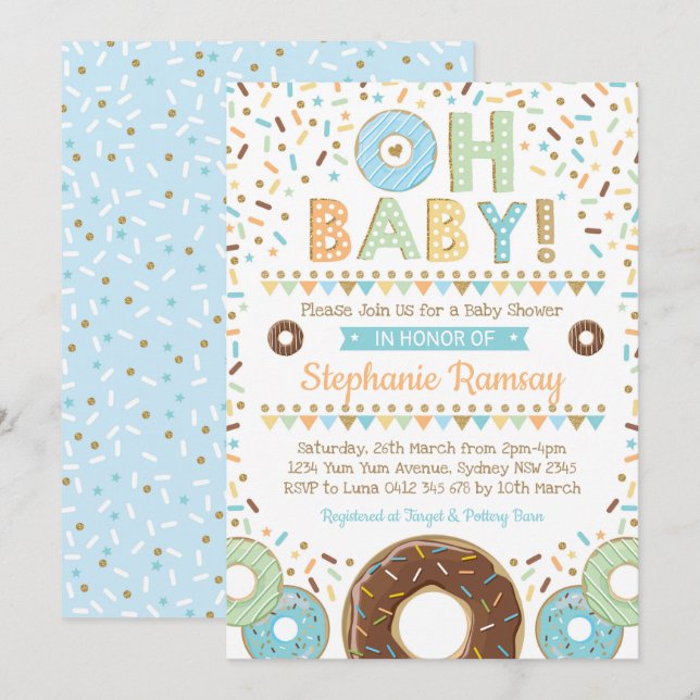 Boy Donut Baby Dusche Sprinkle Einladung Doughnut (Vorne/Hinten)
