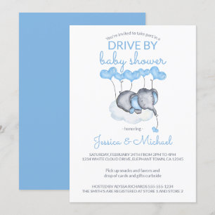 Boy Drive By Baby Shower Blue Elefant auf Cloud Einladung