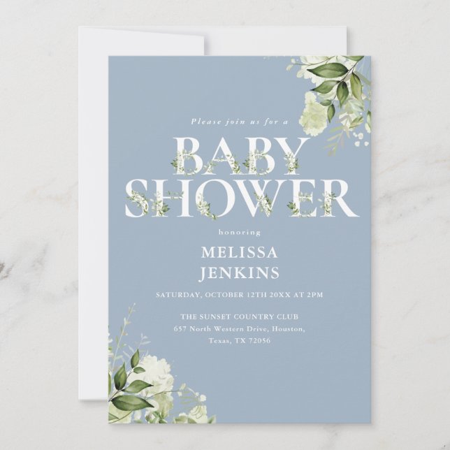 Boy Dusty Blue Greenery QR Code Baby Shower Einladung (Vorderseite)