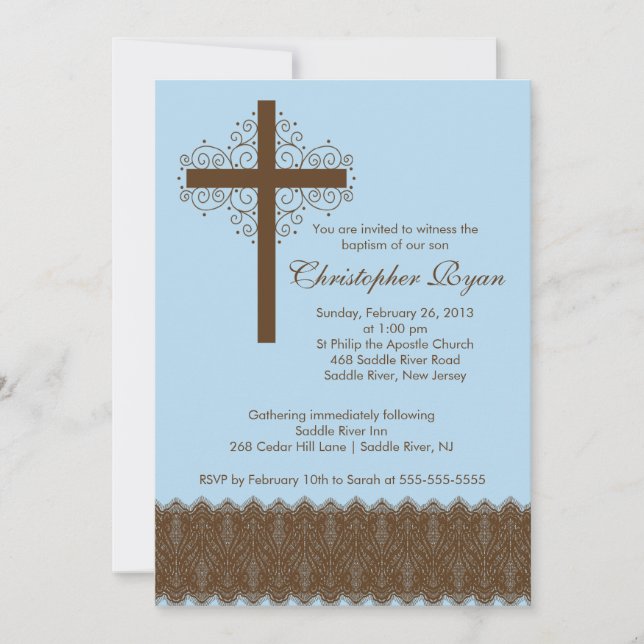 Boy Elegante Spitzen-Taufe| Christenkreuz Einladung (Vorderseite)