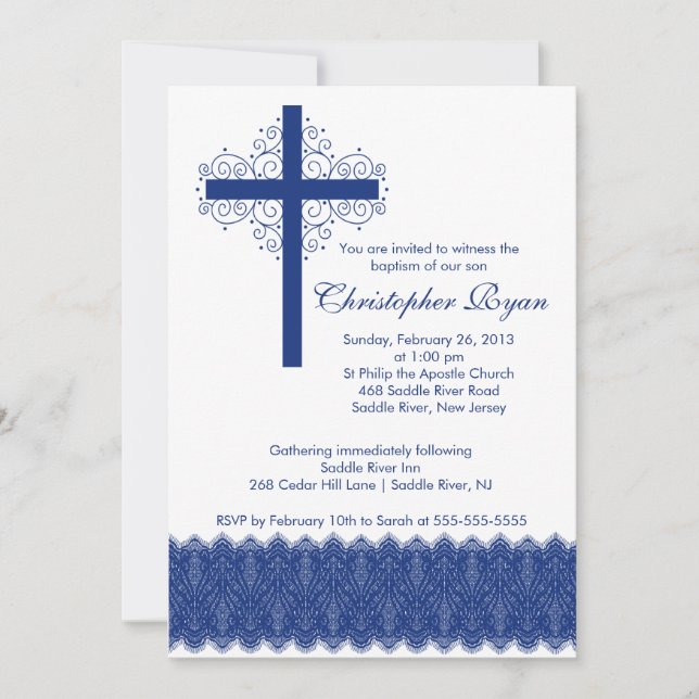 Boy Elegante Spitzen-Taufe| Christenkreuz Einladung (Vorderseite)