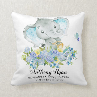 Boy Elephant Baby Birth Stats Coussin