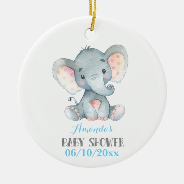 Boy Elephant Baby Dusche Blau und Grau Keramik Ornament (Vorne)