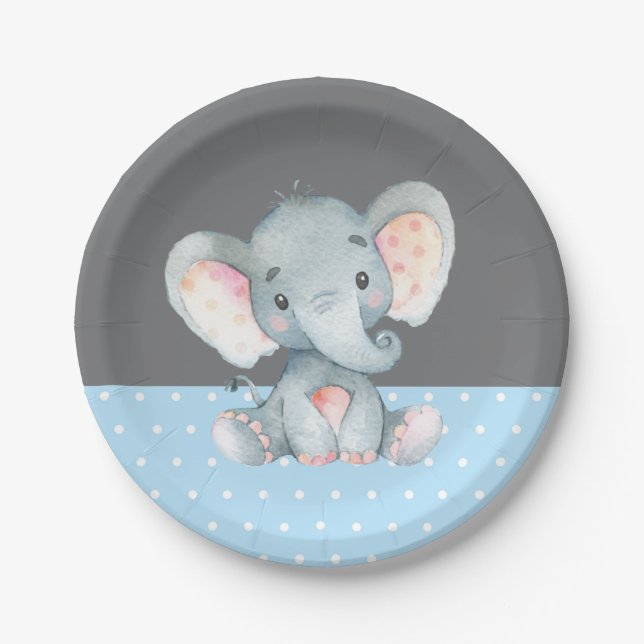 Boy Elephant Baby Dusche Blau und Grau Pappteller (Vorderseite)