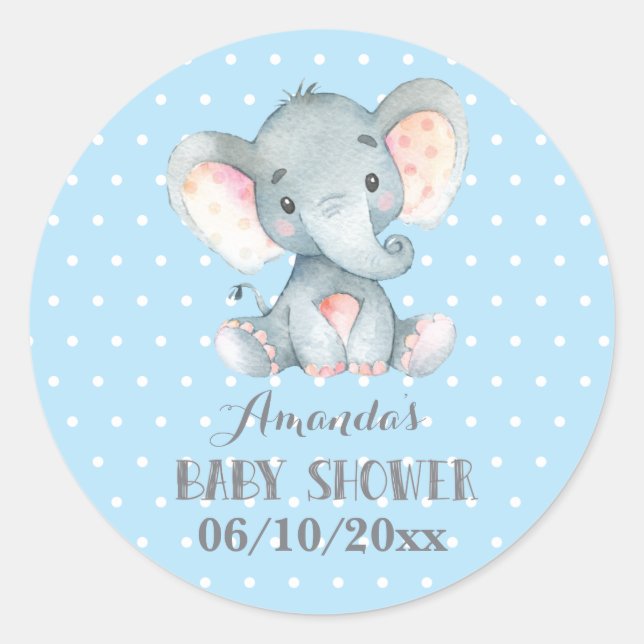 Boy Elephant Baby Dusche Blau und Grau Runder Aufkleber (Vorderseite)