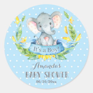 Boy Elephant Baby Dusche Blau und Grau Runder Aufkleber