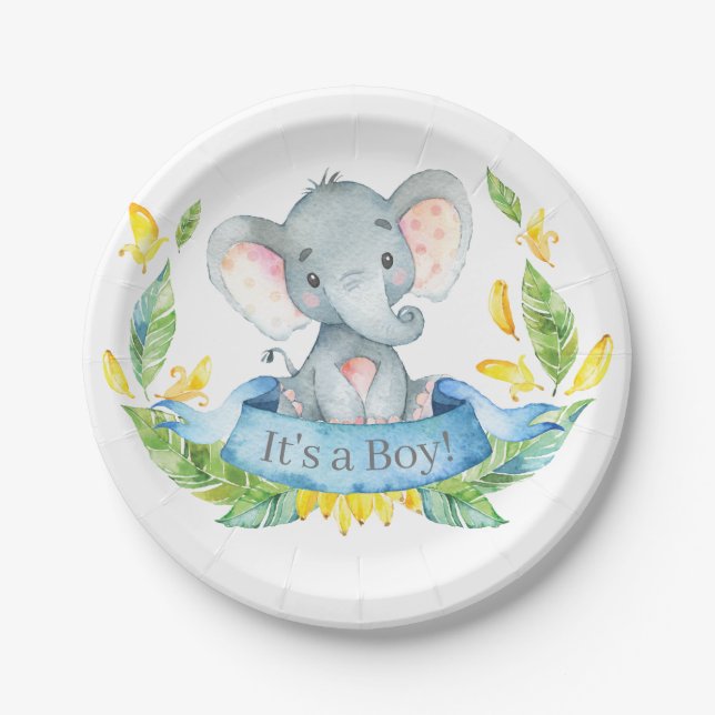 Boy Elephant Baby Dusche Blue Pappteller (Vorderseite)