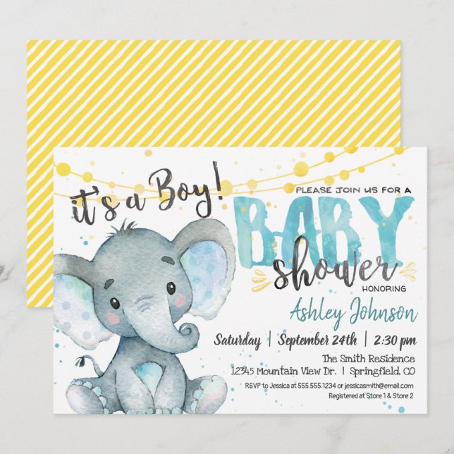 Boy Elephant Baby Dusche Einladung Blau & Gelb (Vorne/Hinten)